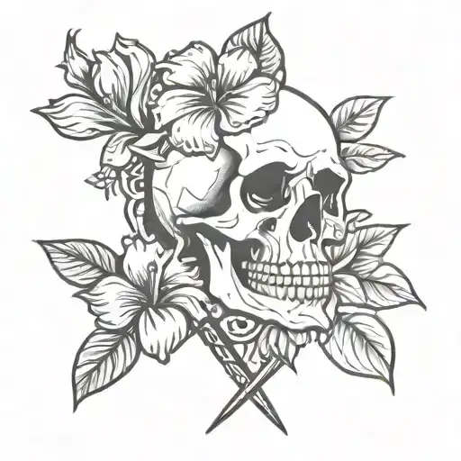 Skull With Dagger With Magnolia Flower And Hibiscus Flower And Rose
