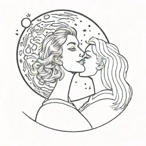 Blonde Girl On The Moon Background With Brunette Girl On The Sun Background