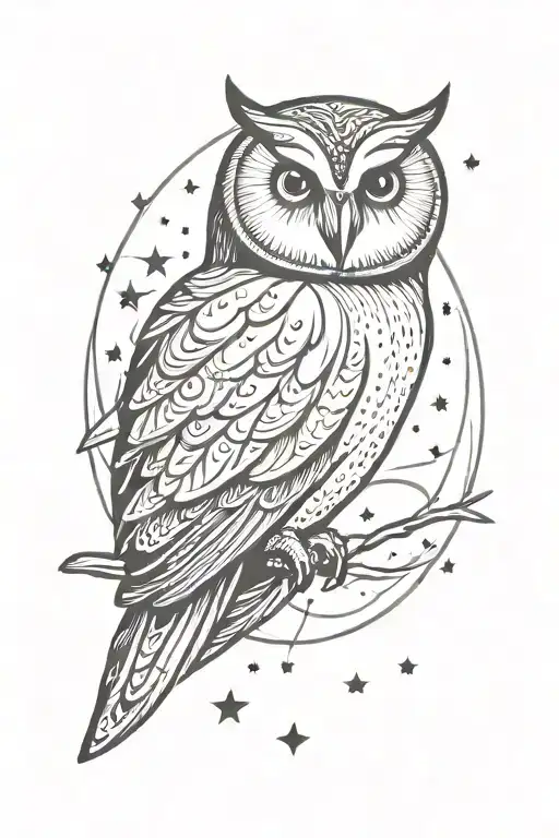 Owl And Moon Surrounded By Stars
