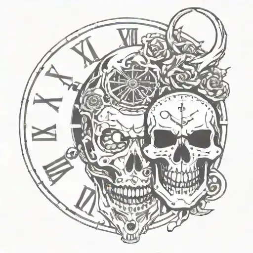 Skull And Demon In A Mask With A Blank Face And A Clock And An Inscription In Latin