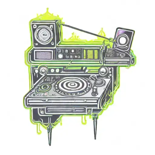 A Tattoo Of A Dj Booth With Neon Rave Lights And Shades In The Background