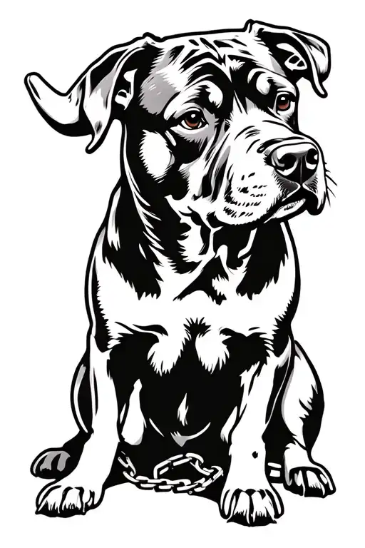 Rottweiler On A Chain Near A Bull Head
