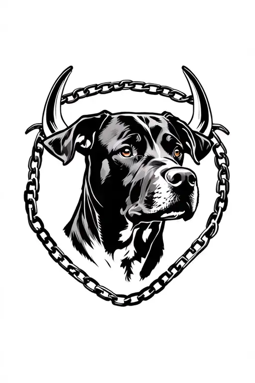 Rottweiler On A Chain Near A Bull Head Profile Holding