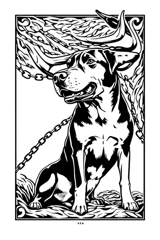 Rottweiler On A Chain Near A Bull Head Emerging