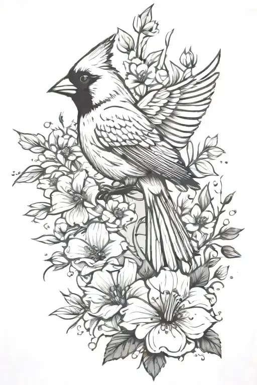 Flying Cardinal In Flowers Surrounding