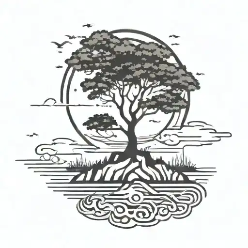 Tree On A Flying Island Sun Background Black