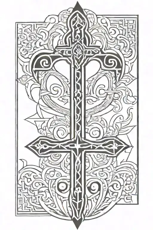 Fine Line Black And Grey Ornamental Ankh