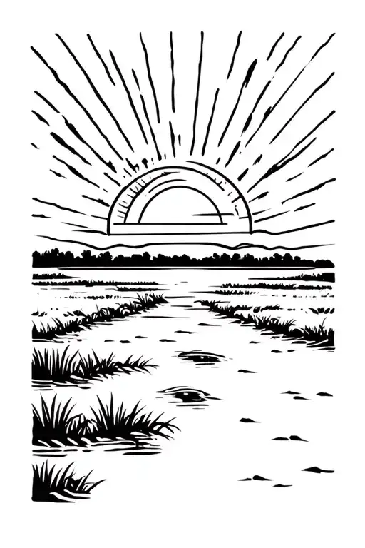 Swamp Land On Dirt Road Sun Setting