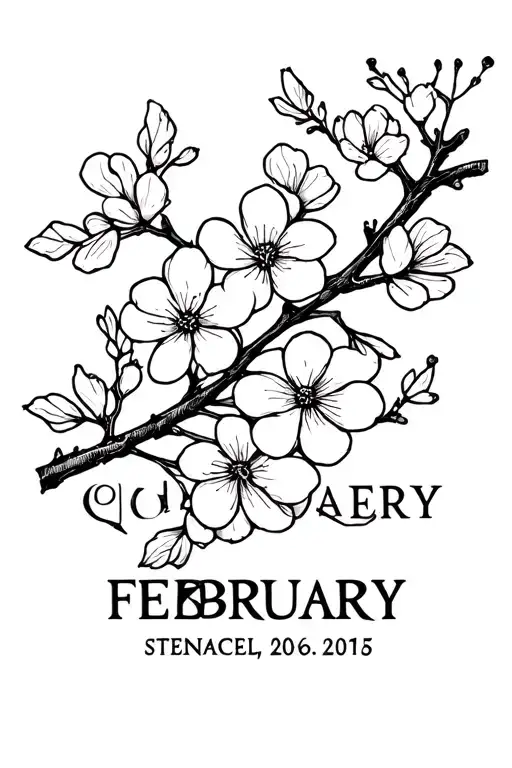 Fine Line Tattoo With February Birth Date And Cherry Blossom