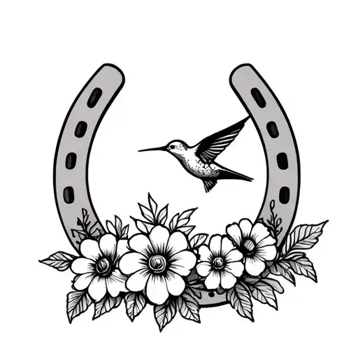 Flowers Growing Out Of A Horse Shoe With A Hummingbird