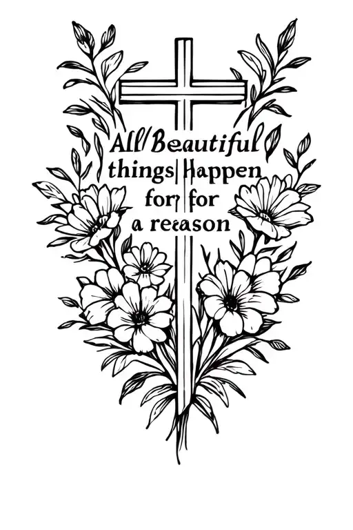 Cross Flowers Surrounding Saying All Beautiful Things Happen For A Reason