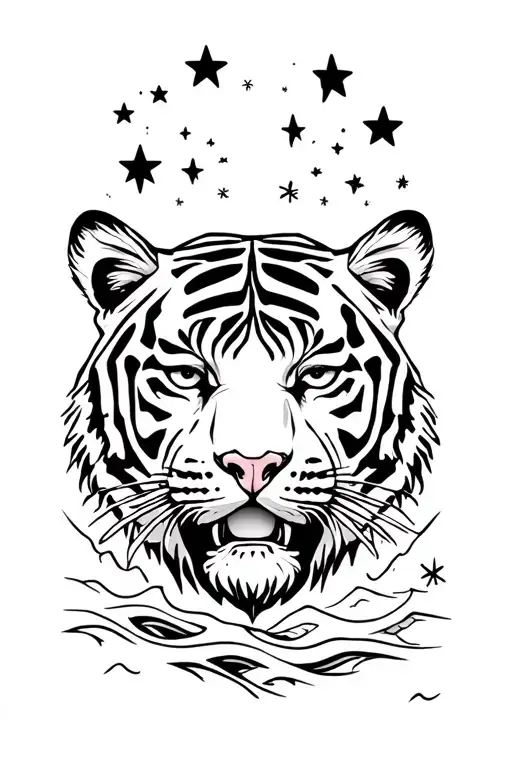 Tiger Head With Stars And Wave Ocean Around Her