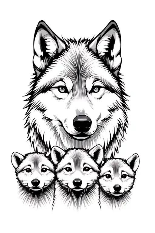 Wolf With Three Cubs Face Only