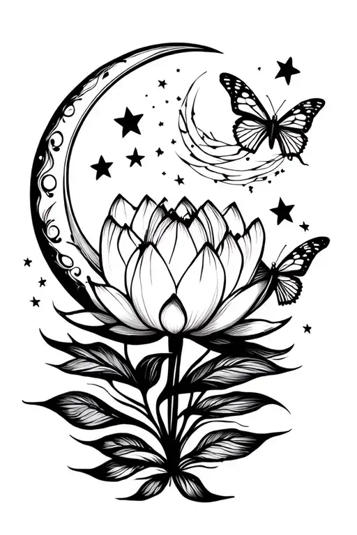 Lotus With Butterflies And Stars Moon