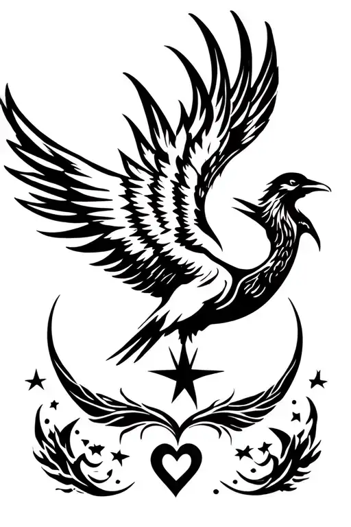 Phoenix Bird Star Moon Heart Outline