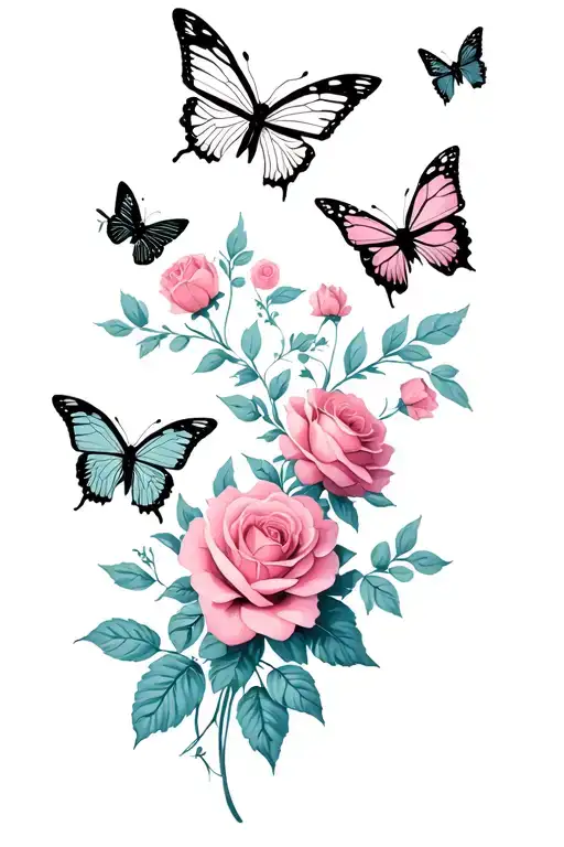 Butterflies And Roses Blooming