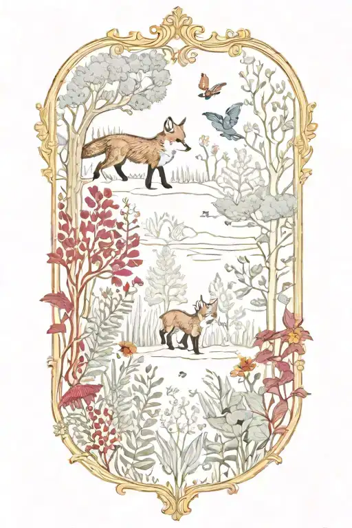 A Forest Scene With A Fox And A Honeybee In A Ruby And Marigold Boarder