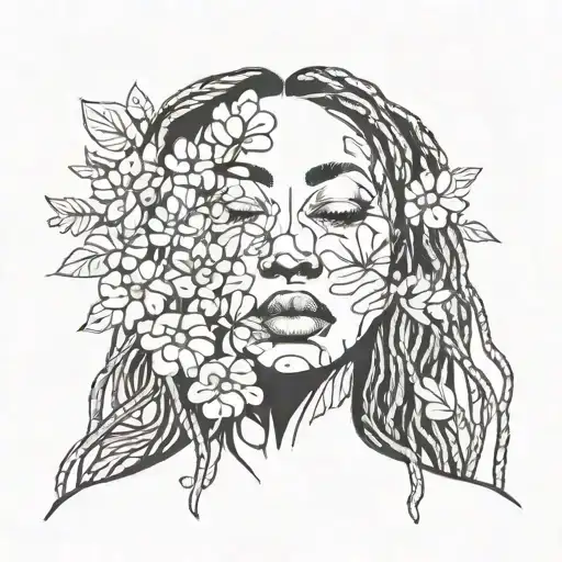 Black Woman With Locs Face Covered With Flowers