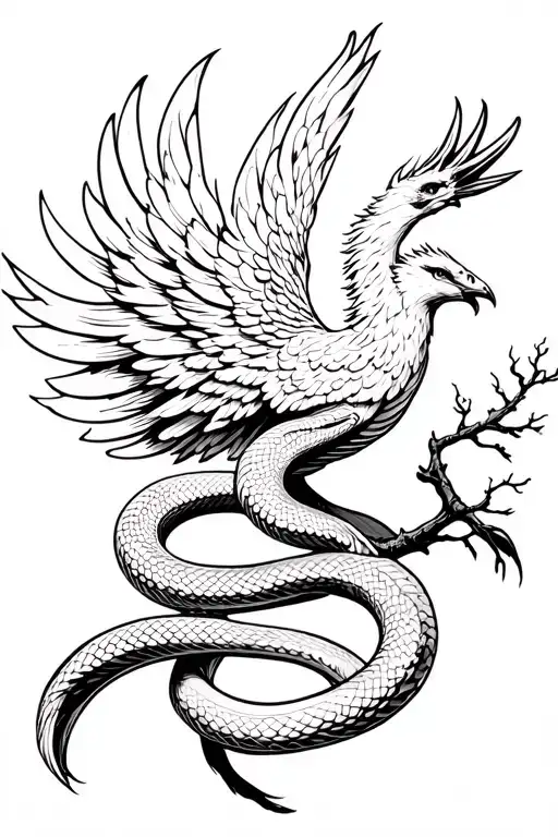 Phoenix Holding A Branch With At Snake Wrapped Around It
