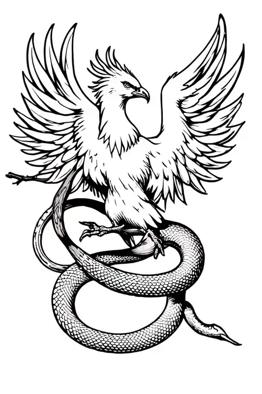 Phoenix Holding A Branch With At Snake Wrapped Around It