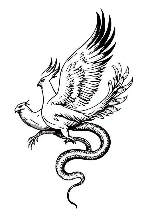 A Phoenix Flying Upward Holding A Branch With A Snake Wrapped Around It