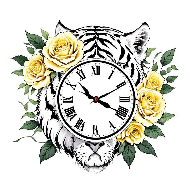 Clock With White Tiger And Yellow Roses
