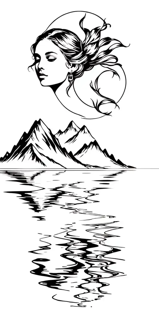 Woman And Mountains Reflected In Water