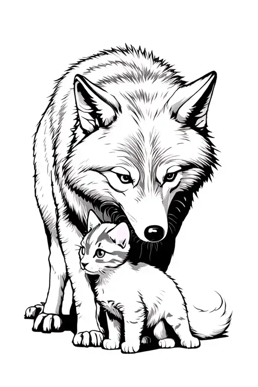 Fierce Wolf Looking Down Down At At Kitten While Standing But Protecting Kitten