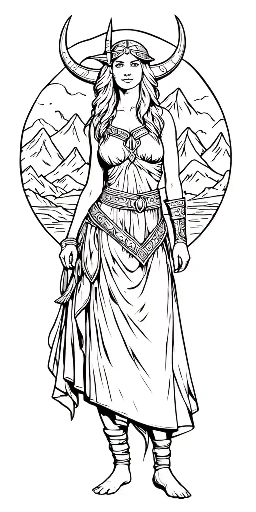 Full Body Viking Woman In Dress And Mountains In Background