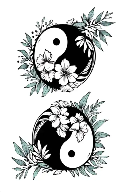 Two Dogs Curled Up In Yin And Yang With Tropical Flowers In Background