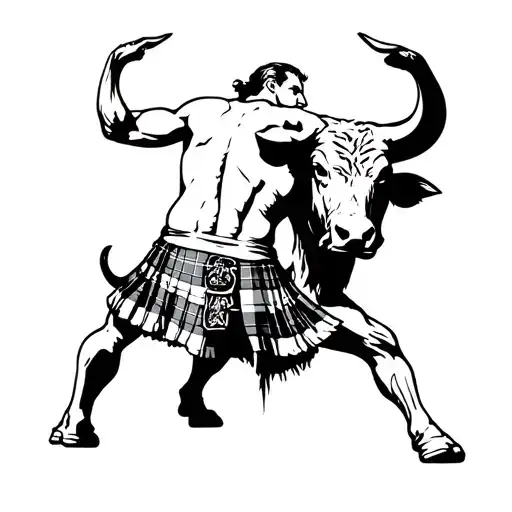 Scottsman With Kilt Wrestling Bull