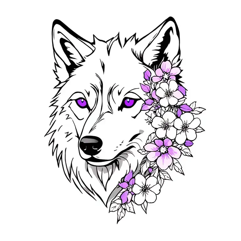 Wolf With Purple Eyes And Sakura Flowers
