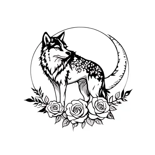 Wolf And Roses Intertwined And Moon