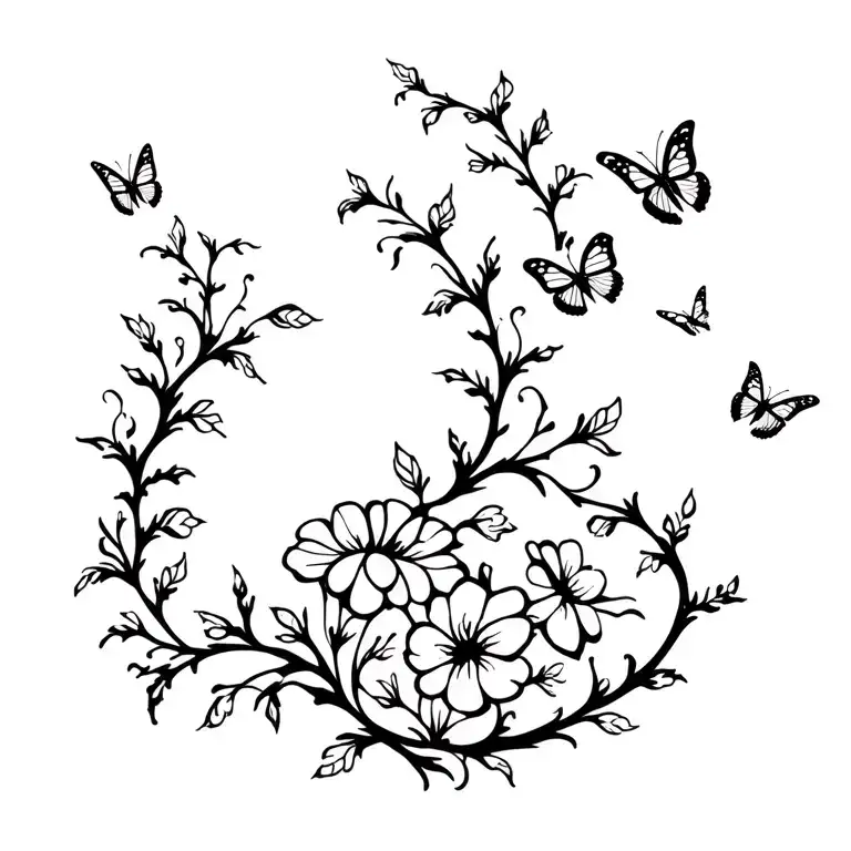 Vine With Flowers Intertwined And Butterflies Flying