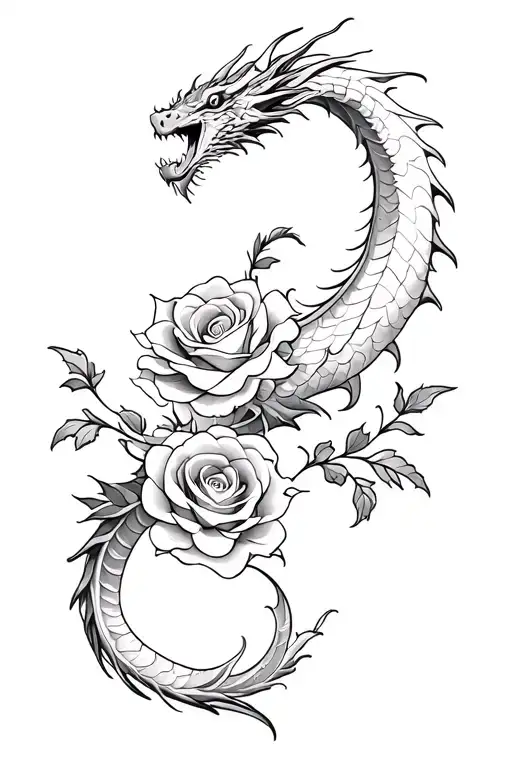 Dragon Flying And Roses Intertwined