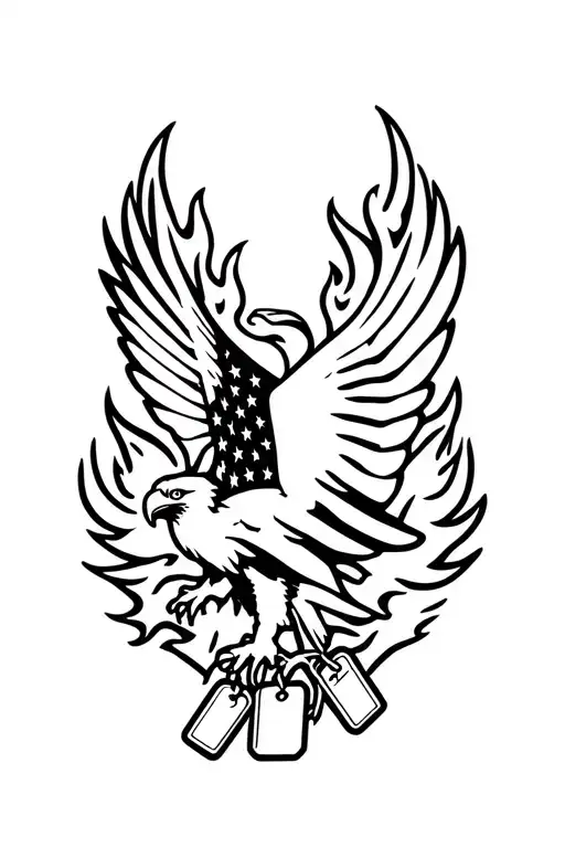 An Eagle Flying Out Of Flames With The Usa Flag And Dog Tags In Its Talons