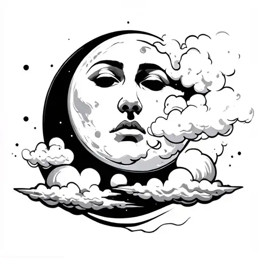 A Moon With A Face Blowing Smoke That Turns Into Clouds