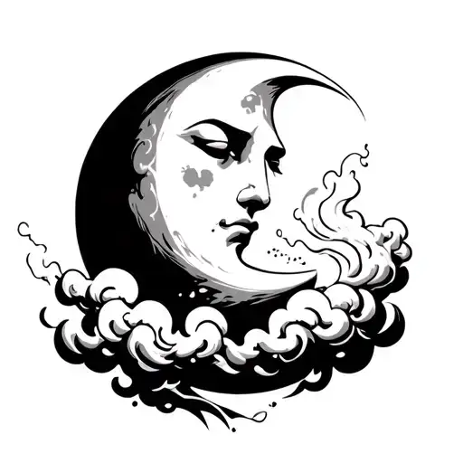 A Moon With A Face Blowing Smoke That Turns Into Clouds