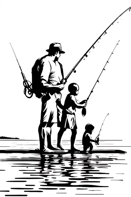 Dad And Sons Fishing On Dock