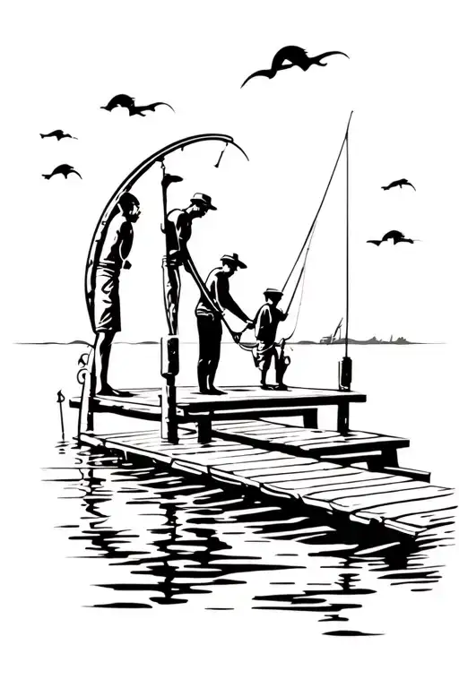 Dad And Sons Fishing On Dock