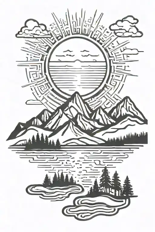 Sun Rising Over Mountains With Forrest And River Surrounded