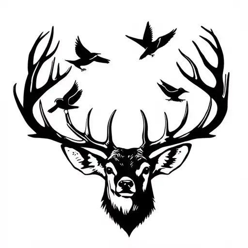 Deer Head With Swallows Sitting On Antlers Use