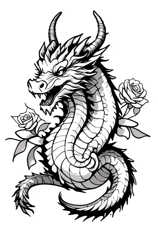 Dragon With Roses And Ribbon Wrapped Around Horns