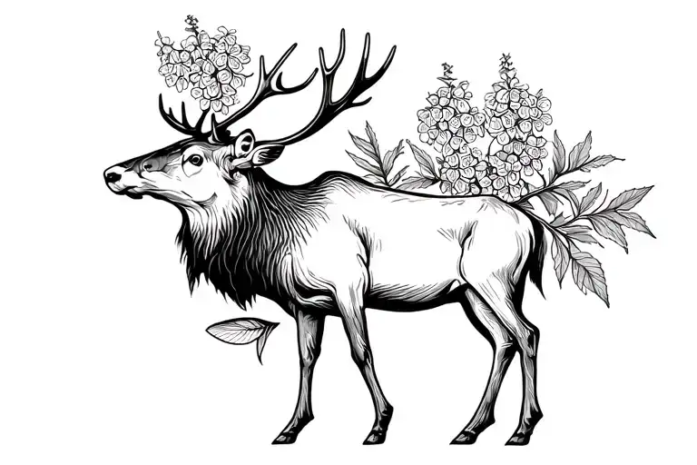 An Elk With A Fish And Lilacs