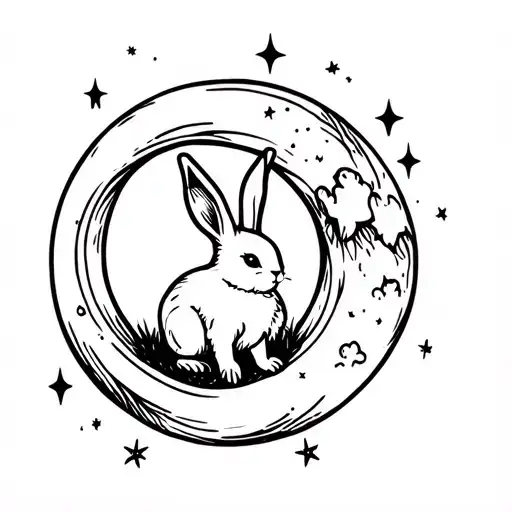 Bunny Sitting Inside Of Moon With Stars Surrounding