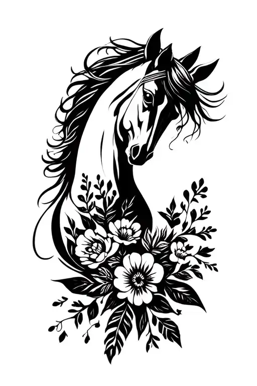 Black Horse With Flowers
