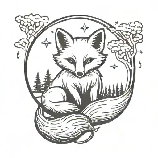 Fox Cub Sitting On A Crescent Moon With A Forest In The Background In Viking Style