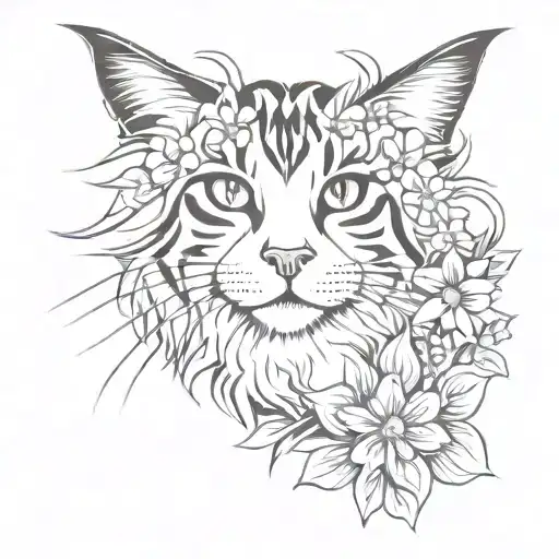Maine Coon And White Cat In Flowers