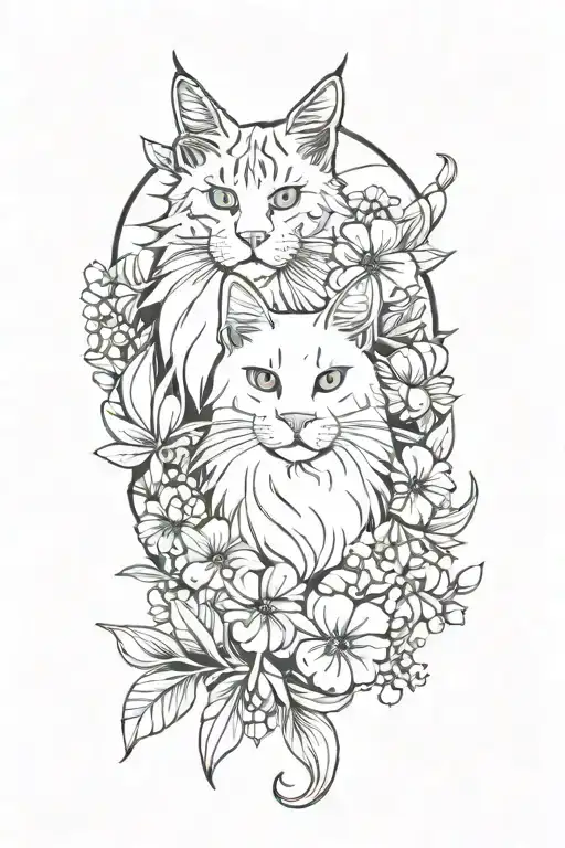 Maine Coon And White Cat In Flowers