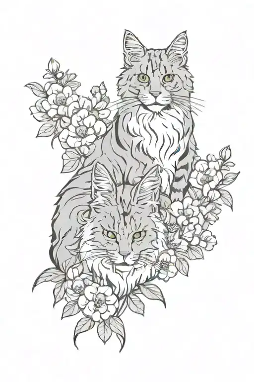 Gray Mainecoon And White Cat In Flowers